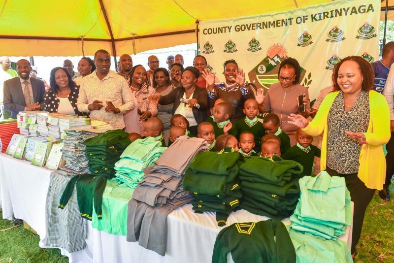 Governor Waiguru during the launch of the free uniform for ECDE learners.